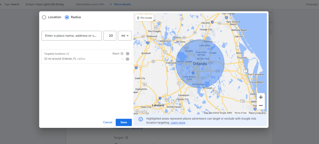 Map showing a 15 mile radius around Orlando Florida for radius targeting for a law firm marketing PPC Campaign.
