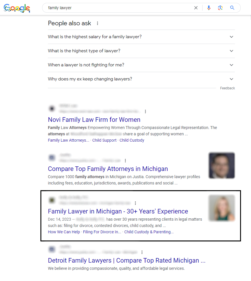 Google Search for "Family Lawyer" and showing the search results